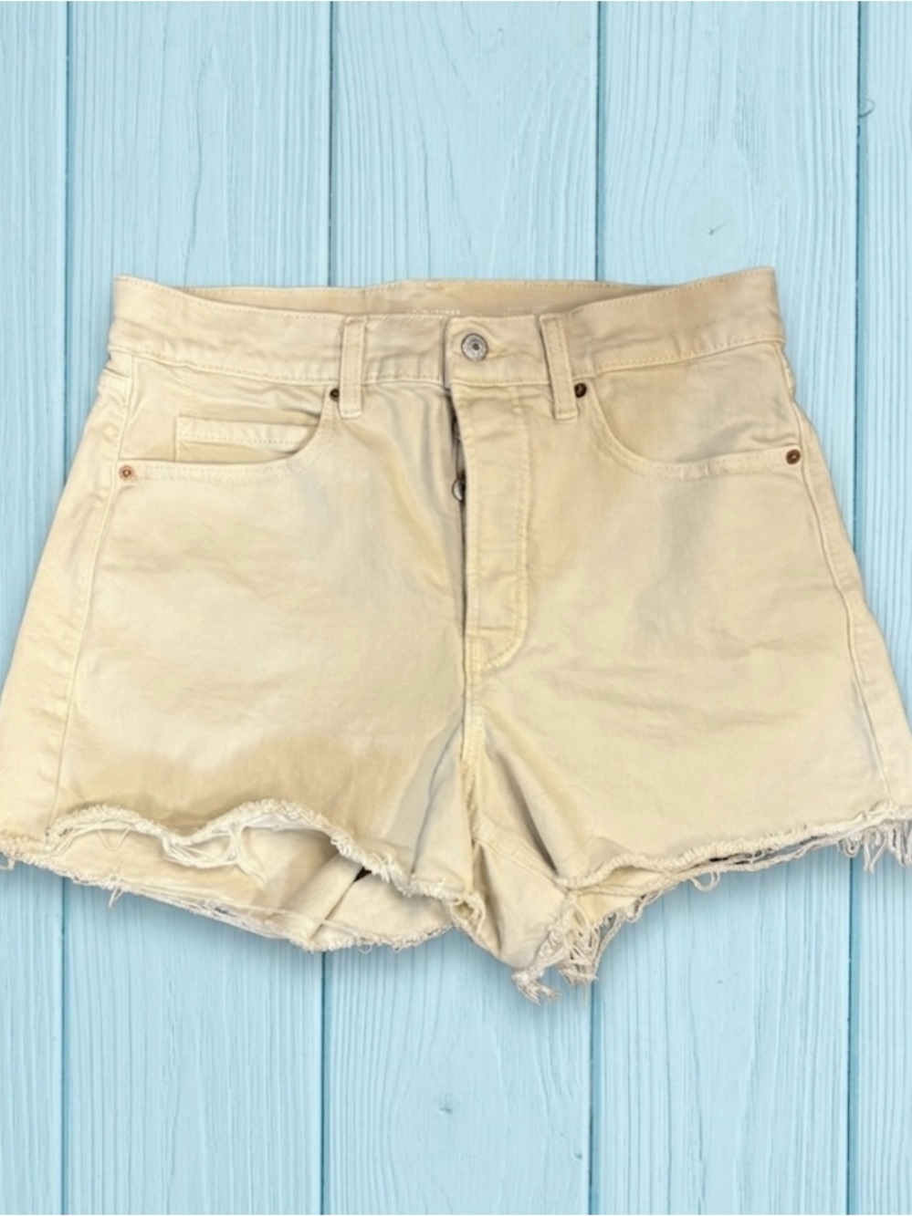High-Rise Ecru Denim Cutoff Shorts sky-hi aline old navy